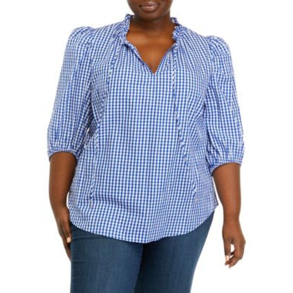 *NWT*Women's Anne Klein 3/4 Sleeve Blue and White Gingham Blouse in XL; MSRP $99